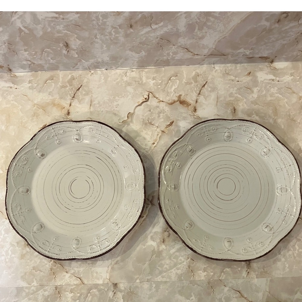 Elama Scalloped Dinner Plates Set of 2 Cream Brown Rustic Farmhouse 10.75 inch